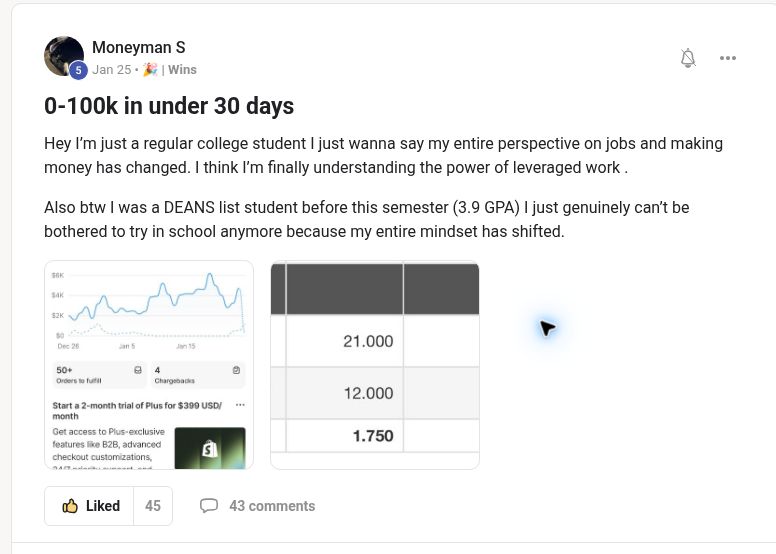 Moneyman S sharing a zero-to-$100K result in under 30 days
