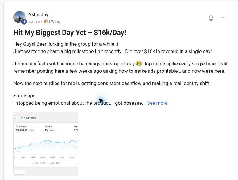 Ashu Jay sharing a $16K revenue day