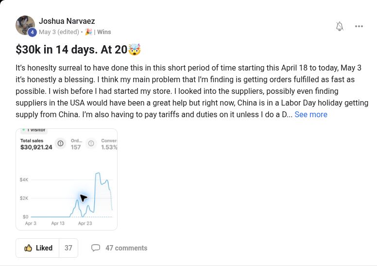 Joshua Narvaez sharing $30K in sales over 14 days