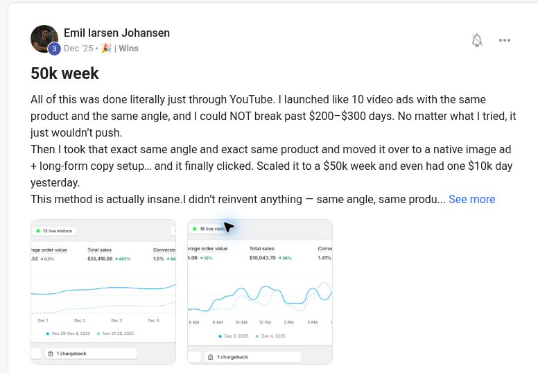 Emil Larsen Johansen sharing a $50K week and $10K revenue day