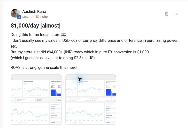 Aashish Karia sharing a $1K-plus day with strong ROAS