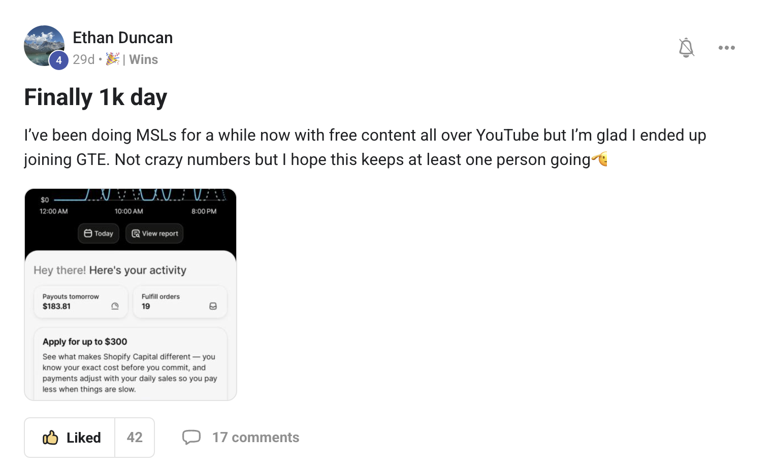 Ethan Duncan sharing his first $1K day