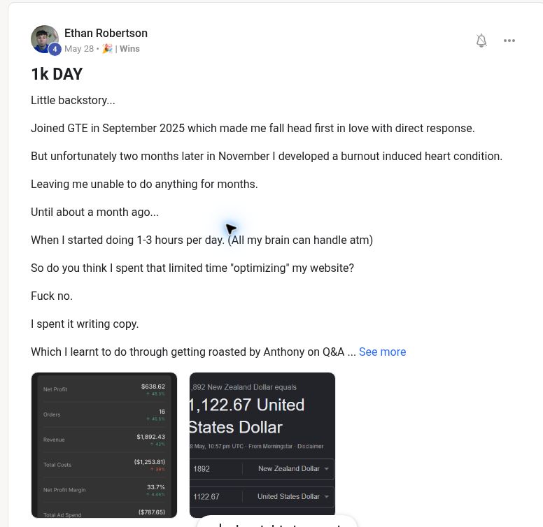 Ethan Robertson sharing a $1K-plus revenue day
