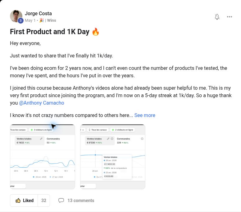 Jorge Costa sharing a five-day streak at $1K per day with his first product after joining