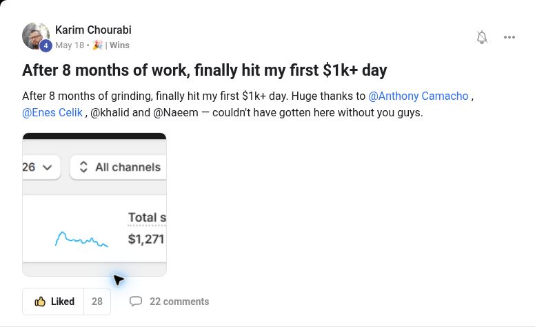 Karim Chourabi sharing his first $1K-plus day