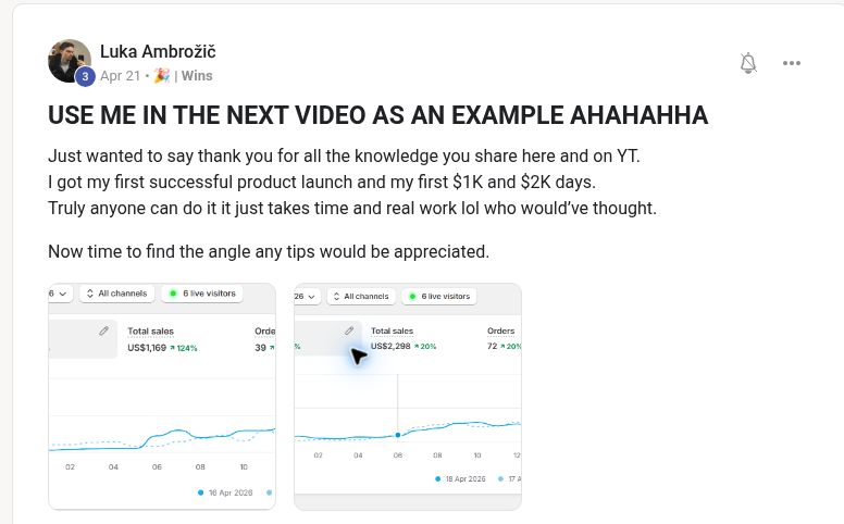 Luka Ambrožič sharing his first $1K and $2K revenue days