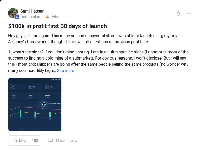 Sami Hassan sharing $100K profit in the first 30 days of launch