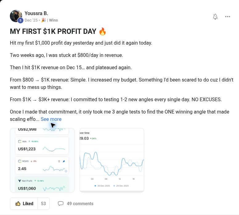 Youssra B sharing her first $1K profit day