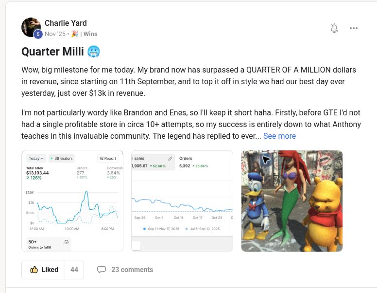 Charlie Yard sharing a quarter-million-dollar revenue milestone after having no profitable stores before God Tier Ecom