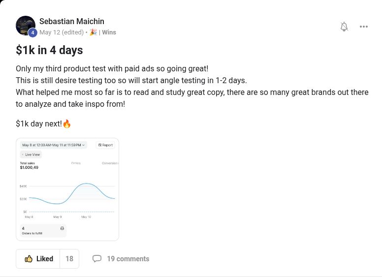 Sebastian Maichin sharing $1K in four days