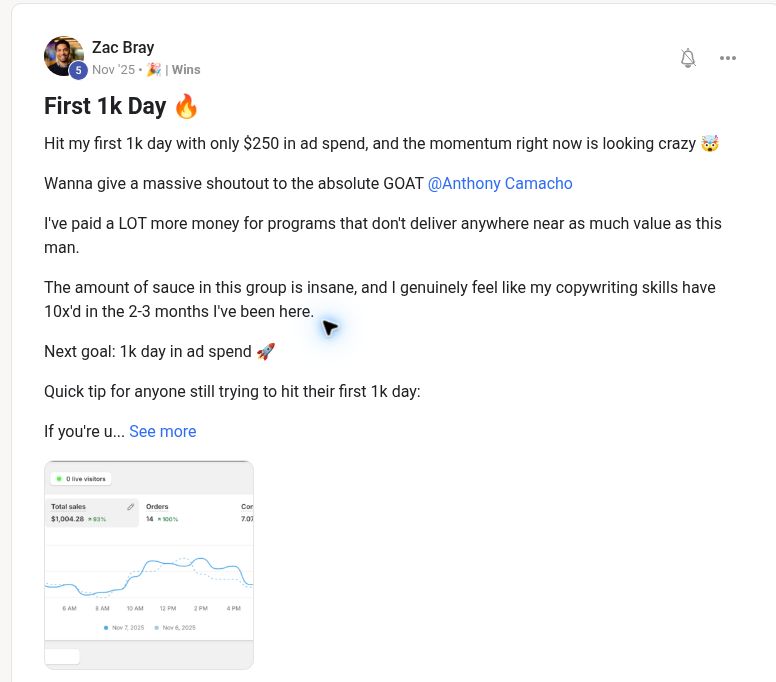 Zac Bray sharing his first $1K day with $250 in ad spend